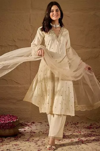 Beige embroidery silk blend kurta with pant and dupatta