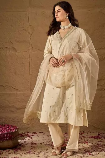 Beige embroidery silk blend kurta with pant and dupatta