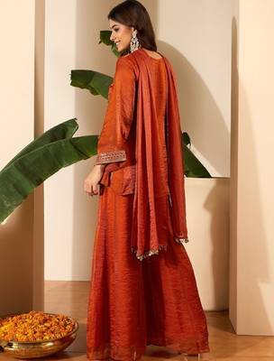 Orange embroidery organza silk kurta with plazzo and dupatta 4