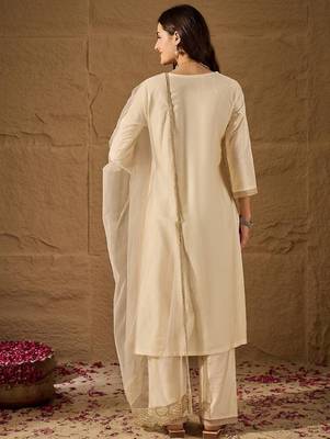 Beige embroidery silk blend kurta with pant and dupatta 5