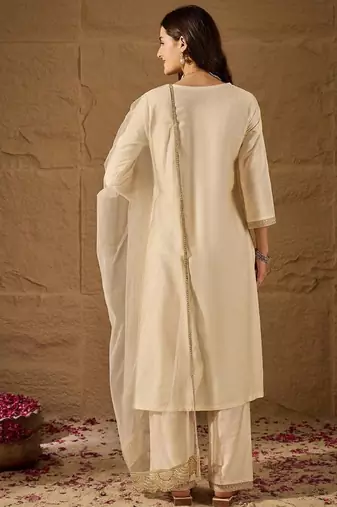 Beige embroidery silk blend kurta with pant and dupatta