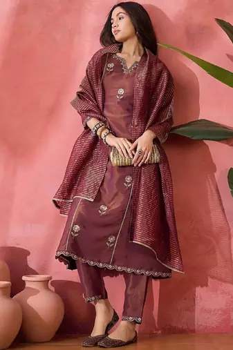 Brown embroidery shimmer silk kurta with pant and dupatta