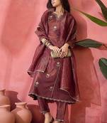 Brown embroidery shimmer silk kurta with pant and dupatta