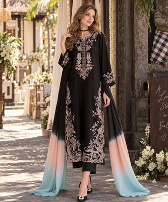 Black rayon readymade suit with embroidery & cut work 1