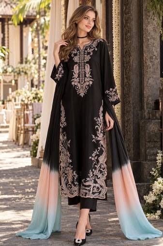 Black rayon readymade suit with embroidery & cut work