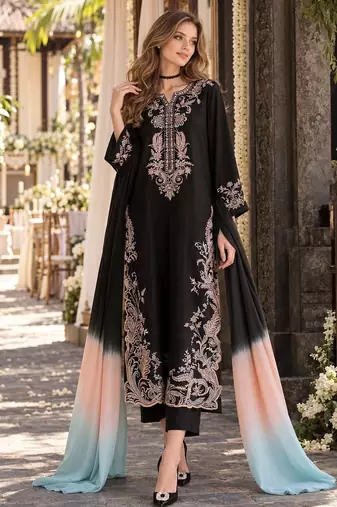 Black rayon readymade suit with embroidery & cut work