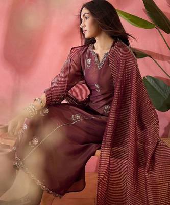 Brown embroidery shimmer silk kurta with pant and dupatta 2