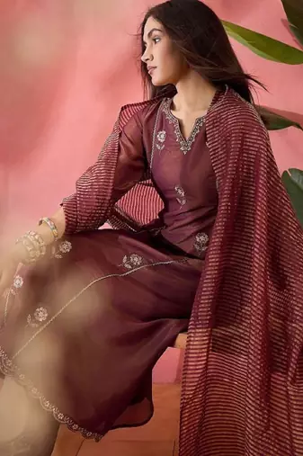 Brown embroidery shimmer silk kurta with pant and dupatta