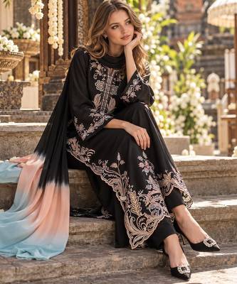 Black rayon readymade suit with embroidery & cut work 2