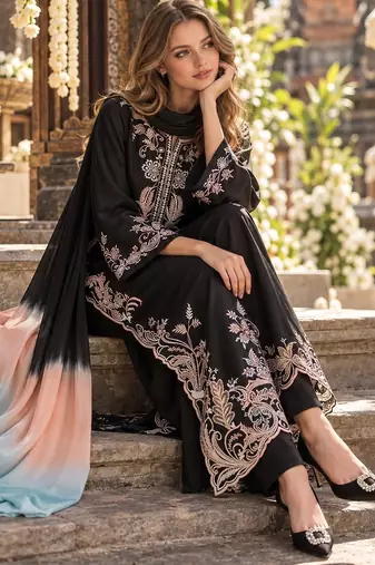 Black rayon readymade suit with embroidery & cut work