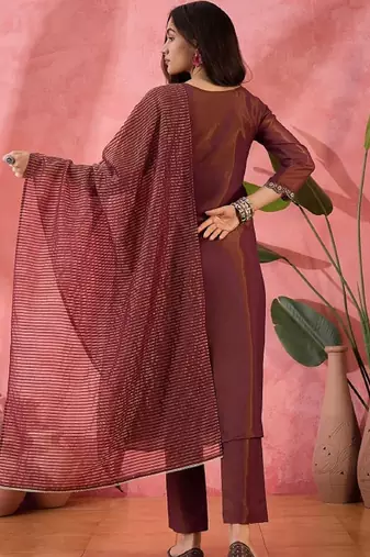 Brown embroidery shimmer silk kurta with pant and dupatta