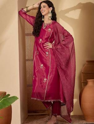 Rani embroidery shimmer silk kurta with pant and dupatta 1