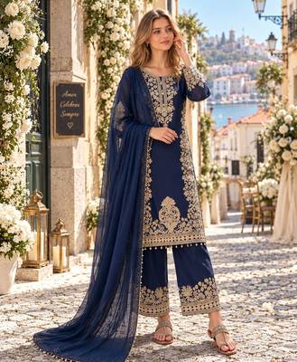 Navy georgette readymade suit with embroidery & sequence work 1