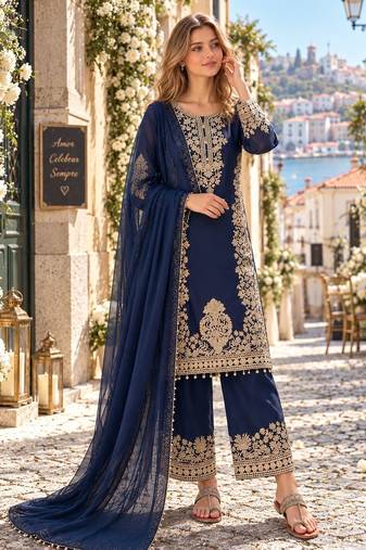 Navy georgette readymade suit with embroidery & sequence work