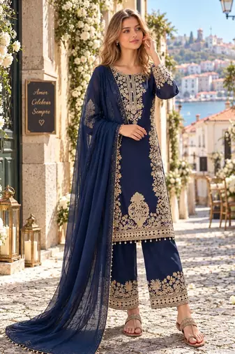 Navy georgette readymade suit with embroidery & sequence work