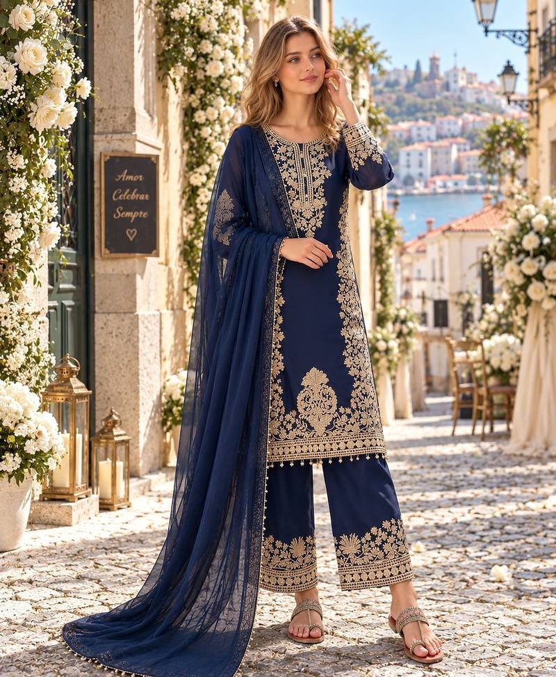 Navy georgette readymade suit with embroidery & sequence work