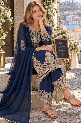 Navy georgette readymade suit with embroidery & sequence work