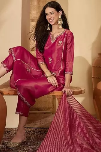 Rani embroidery shimmer silk kurta with pant and dupatta