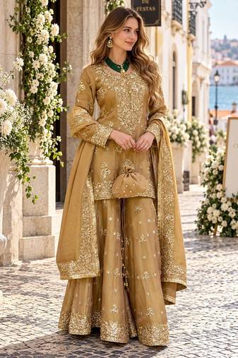 Yellow silk blend readymade suit with embroidery & sequence work