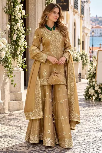 Yellow silk blend readymade suit with embroidery & sequence work