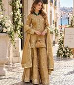 Yellow silk blend readymade suit with embroidery & sequence work
