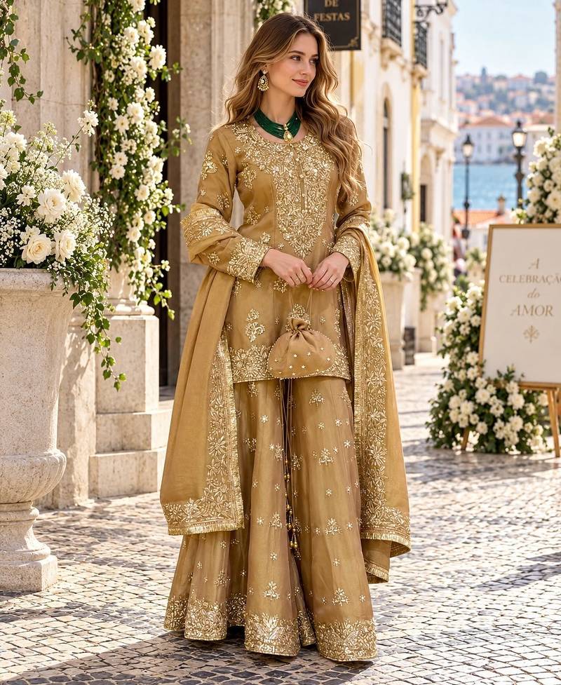 Yellow silk blend readymade suit with embroidery & sequence work