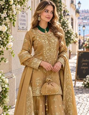 Yellow silk blend readymade suit with embroidery & sequence work 2
