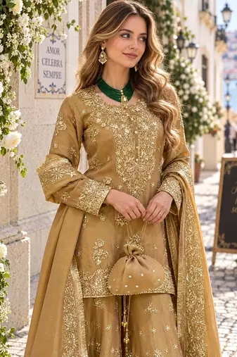 Yellow silk blend readymade suit with embroidery & sequence work