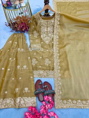 Yellow silk blend readymade suit with embroidery & sequence work 3