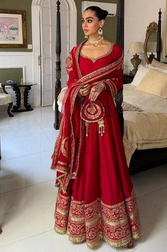 Red bridal anarkali suit with heavy embroidered dupatta and golden border