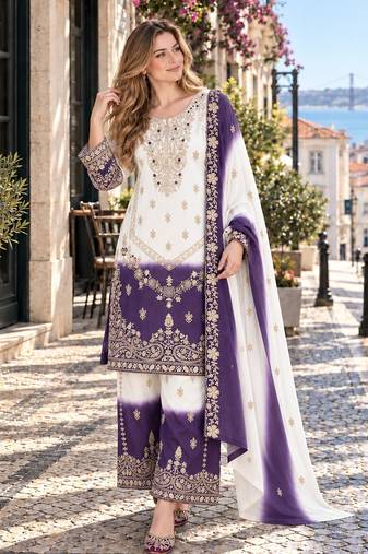 Violet&white georgette readymade suit with zari & embroidery work