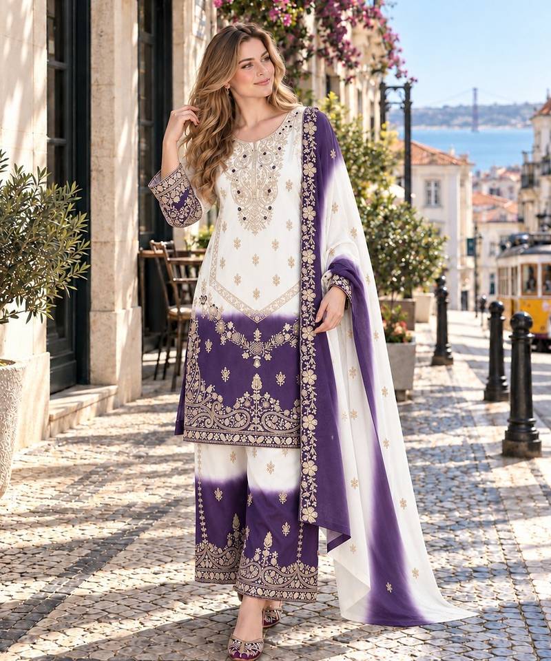 Violet&white georgette readymade suit with zari & embroidery work