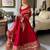 Red bridal anarkali suit with heavy embroidered dupatta and golden border