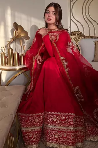 Red bridal anarkali suit with heavy embroidered dupatta and golden border