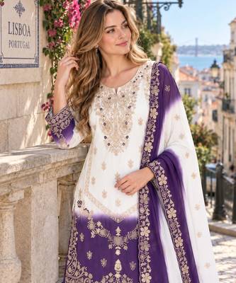 Violet&white georgette readymade suit with zari & embroidery work 2