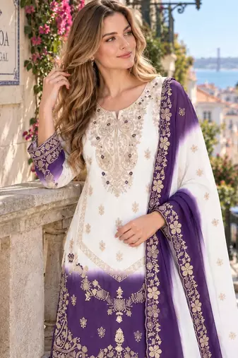 Violet&white georgette readymade suit with zari & embroidery work