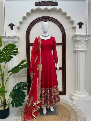 Red bridal anarkali suit with heavy embroidered dupatta and golden border 4