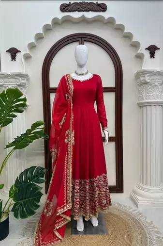 Red bridal anarkali suit with heavy embroidered dupatta and golden border