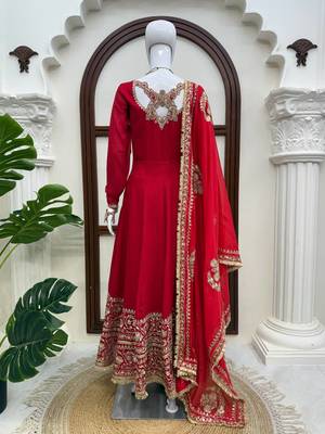 Red bridal anarkali suit with heavy embroidered dupatta and golden border 5