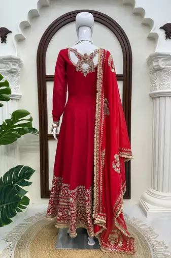 Red bridal anarkali suit with heavy embroidered dupatta and golden border