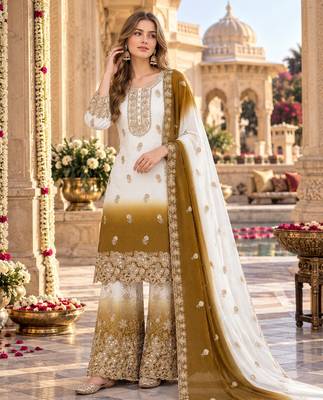 Brown&white georgette readymade suit with diamond & embroidery work 1