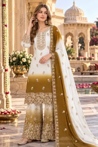 Brown&white georgette readymade suit with diamond & embroidery work