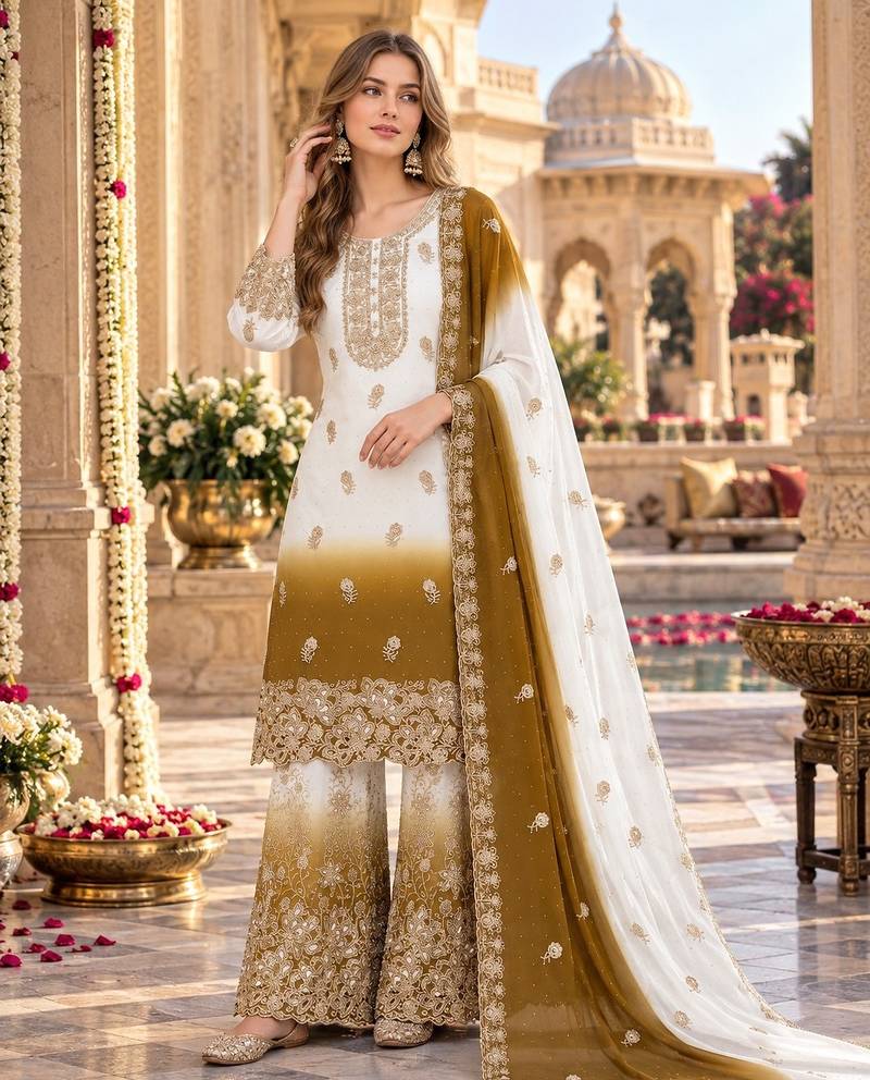 Brown&white georgette readymade suit with diamond & embroidery work