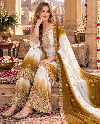 Brown&white georgette readymade suit with diamond & embroidery work 2