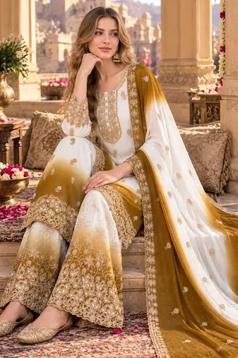 Brown&white georgette readymade suit with diamond & embroidery work