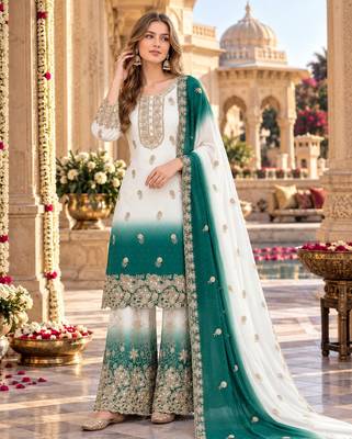 Blue&white georgette readymade suit with diamond & embroidery work 1