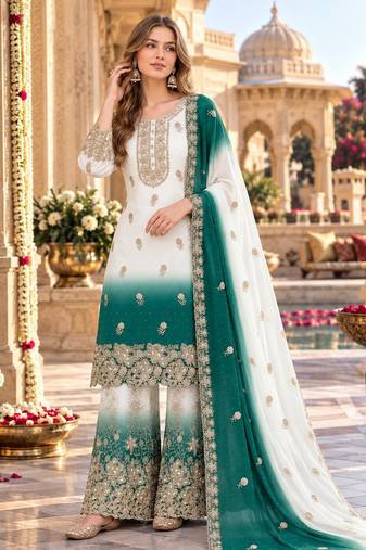 Blue&white georgette readymade suit with diamond & embroidery work