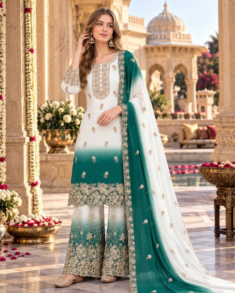 Blue&white georgette readymade suit with diamond & embroidery work