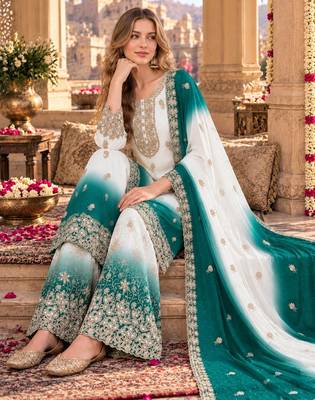 Blue&white georgette readymade suit with diamond & embroidery work 2