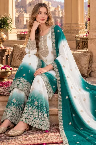 Blue&white georgette readymade suit with diamond & embroidery work